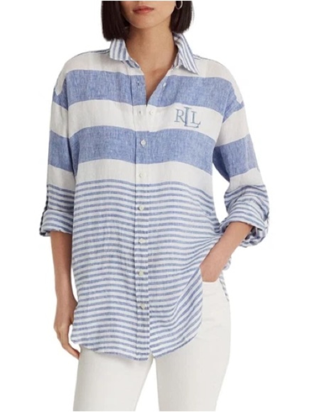 Ralph Lauren Blue & White Striped Linen-Blend Button Down Shirt
